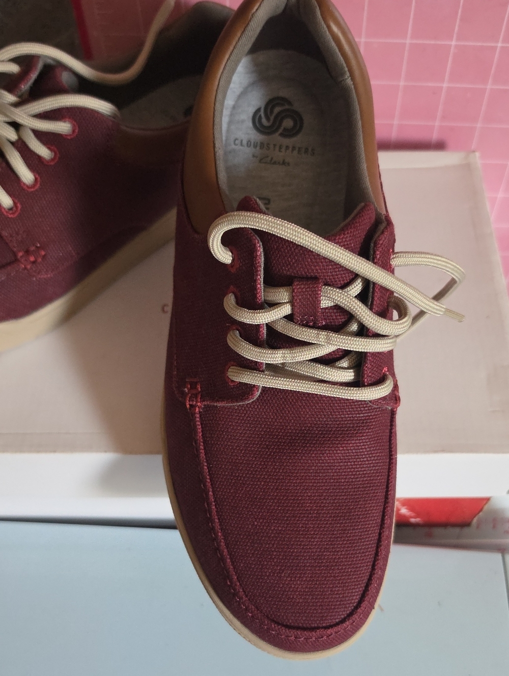 Clarks Men's Burgundy Canvas Boat Shoes with Tan Accents